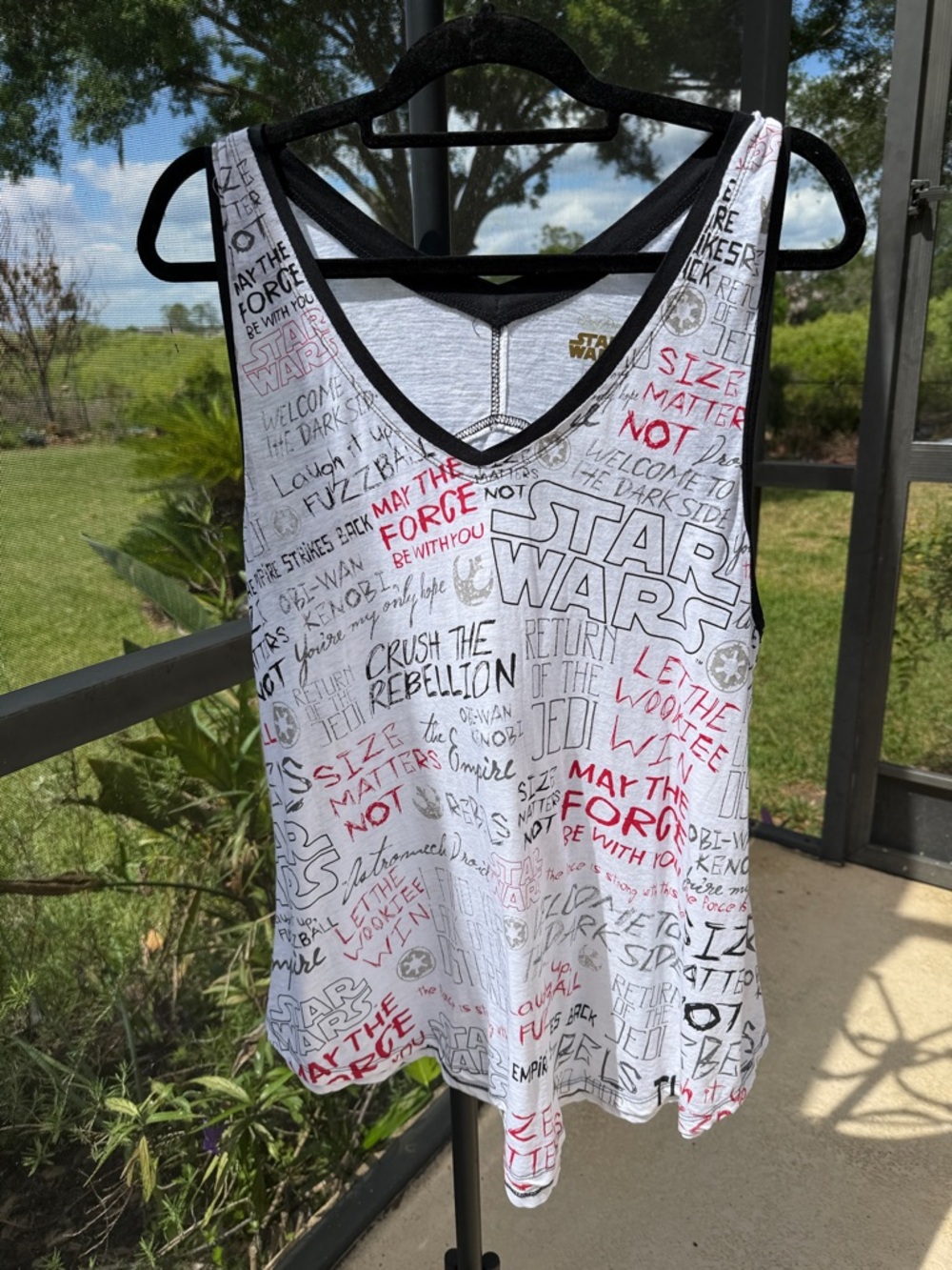 Disney Parks Star Wars White Tank Top with Black & Red Script Graphics